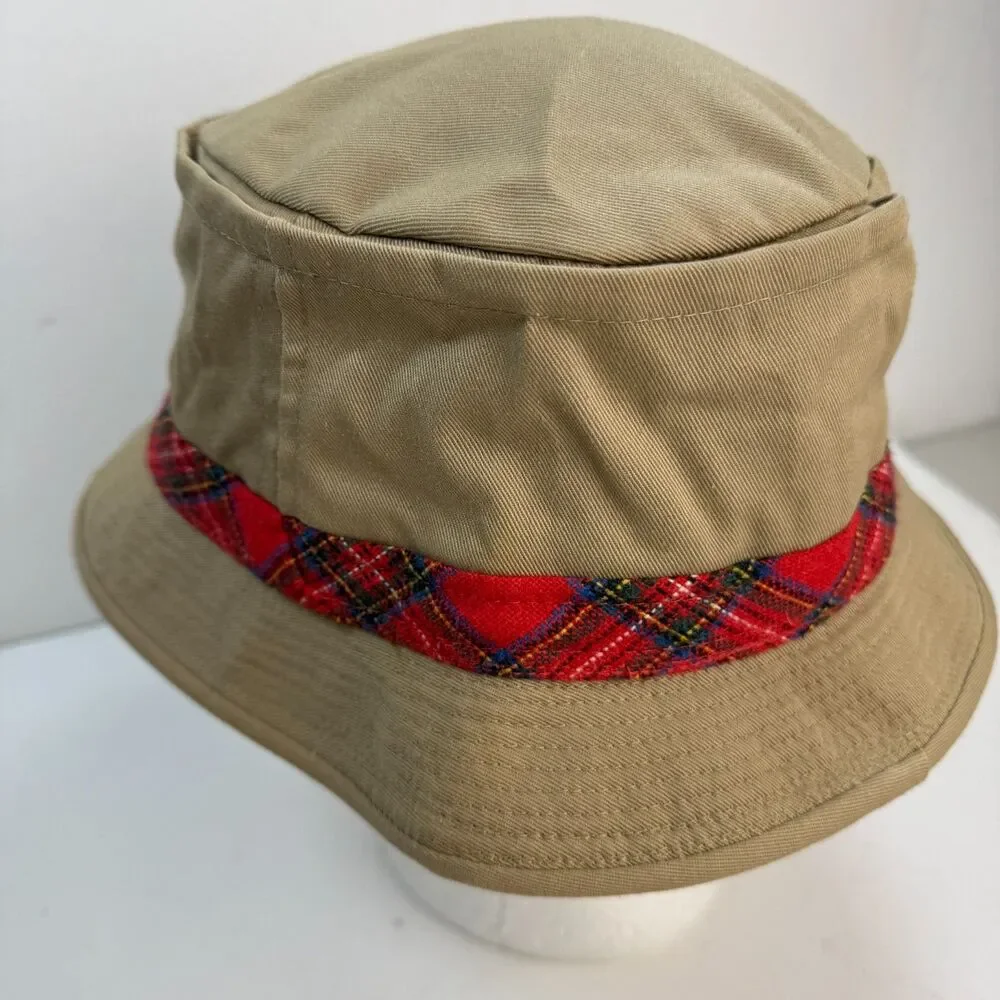 Vintage LL Bean Bucket Hat Size 7 1/2 Made in USA Union Plaid Tan Beige